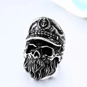 Vintage Stainless Steel Skull Captain Hat Anchor Ring For Men Punk Gothic Distressed Silver Sailor Biker Jewelry Finger Ring