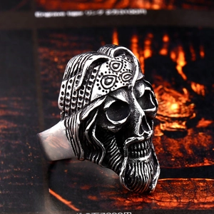 Vintage rock style stainless steel skull ring with headscarf detail in antique silver