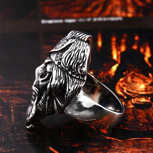 Vintage stainless steel Viking warrior ring with detailed relief for men in gothic style