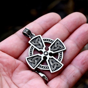 Vintage stainless steel Celtic Cross pendant with Triquetra knot and oxidised finish