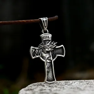 Vintage Stainless Steel Jesus Christ Crucifix Cross Pendant For Men Retro Skull Carving Religious Antique Silver Jewelry