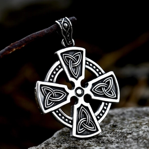 Retro stainless steel Celtic cross pendant necklace with Triquetra symbols on rock