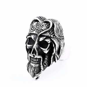 Vintage bearded skull ring for men in silver stainless steel with textured headband