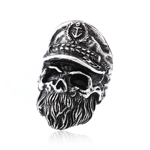 Vintage stainless steel skull captain anchor ring for men with retro silver finish