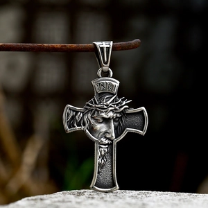Retro stainless steel Jesus cross pendant with INRI inscription and skull details