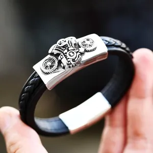 Vintage men's black woven leather bracelet with silver motorcycle engine steel charm