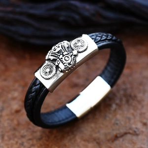 Men's retro black braided leather bracelet with silver industrial engine skull charm