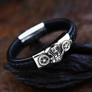 Retro motorcycle engine and wheel steel charm on black braided leather bracelet for men