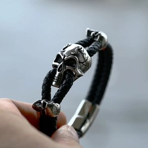 Men's Retro Punk Skull Braided Leather Bracelet Stainless Steel Motorcycle Engine Biker Gothic Rock Hand Jewelry Accessory