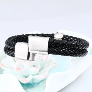 Pulsera para hombre de cuero trenzado negro de doble capa con cierre de acero pulido