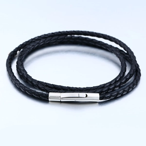 Men's Black Braided Cowhide Leather Necklace 304 Stainless Steel Spiral Clasp Handwoven Cord Chain For Pendants Punk Jewelry