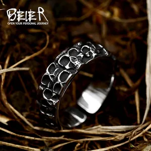 Vintage Stainless Steel Skull Open Ring For Men Gothic Punk Rock Style Retro Distressed Silver Adjustable Finger Ring Jewelry