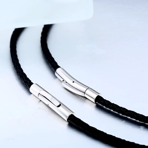 Braided black leather necklace with silver stainless steel magnetic clasp for men