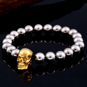 Men's punk titanium steel bracelet with silver beads and a vintage gold skull charm