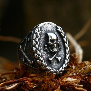 Retro Gothic Skull Crossbones Signet Ring For Men Stainless Steel Punk Laurel Wreath Anchor Relief Polished Finger Jewelry