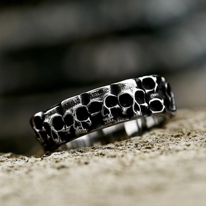 Vintage punk stainless steel skull ring with gothic relief and antique silver finish