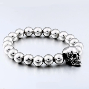 Punk silver stainless steel beaded skull bracelet with high polish mirror finish