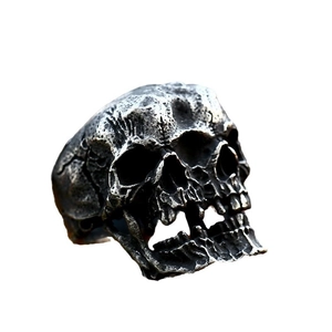 Retro punk style double skull ring in stainless steel with vintage silver finish