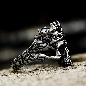 Punk style stainless steel skull ring with crown, gothic crown skull ring for men
