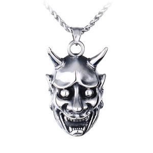Collier pendentif masque Hannya en acier inoxydable argenté pour homme avec chaîne