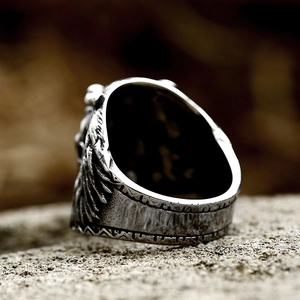 Vintage stainless steel tribal chief ring with turquoise stone and feather engraving