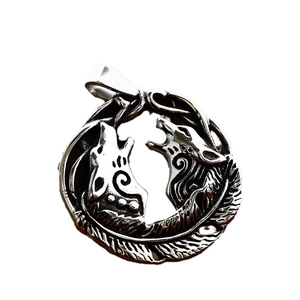 Vintage stainless steel Viking double wolf head pendant necklace with silver relief finish