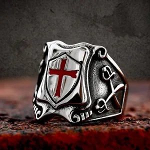 Vintage Stainless Steel Men Ring Crusader Knight Shield Red Cross Templar Sword Retro Gothic Biker Jewelry Gift For Him