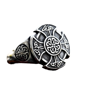 Vintage Celtic Knot cross ring for men in antique stainless steel with textured relief