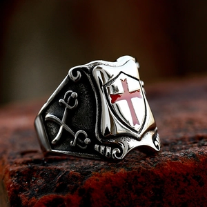 Vintage stainless steel shield ring for men featuring a red crusader cross emblem