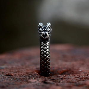 Vintage stainless steel dragon head ring with detailed scales and gothic mythical style