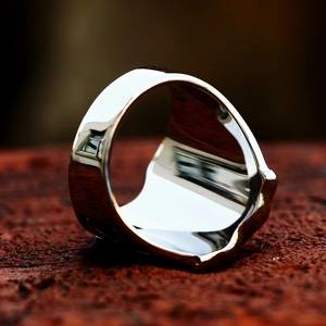 Polished stainless steel shield cross ring for men with unique wavy edge design