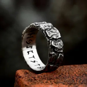 Vintage Nordic Viking Stainless Steel Rune Ring For Men Rock Texture Distressed Wide Band Industrial Retro Jewelry