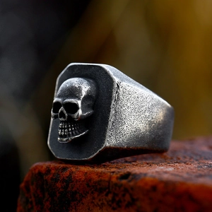 Retro Gothic Punk Schedel Ring Voor Heren Verweerde Roestvrij Stalen Zegelring Heavy Metal Biker Vinger Ring Sieraden