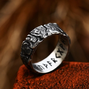 Vintage Nordic Viking Rune ring for men featuring rugged rock texture in stainless steel