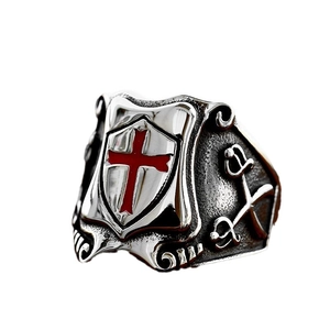 Vintage stainless steel shield ring with red cross and swords in medieval knight style