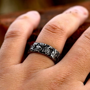 Vintage Viking rune ring with rustic rock texture in aged stainless steel for men