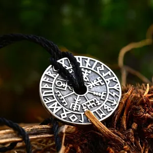 Nordic Viking Rune Compass Vegvisir Stainless Steel Pendant Necklace With Black Cord For Men Vintage Retro Ethnic Jewelry