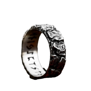 Vintage Viking style stainless steel ring with hammered rock texture and inner rune engravings