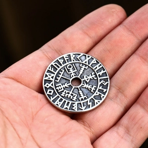 Vintage stainless steel Viking Vegvisir compass necklace with engraved Nordic runes