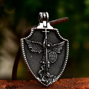 Archangel Saint Michael Shield Pendant Stainless Steel Quis Ut Deus Relief Jewelry For Men Vintage Religious Accessory