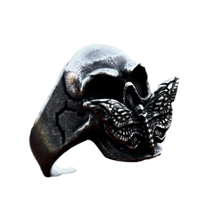 Gothic vintage stainless steel skull ring with moth design in distressed finish