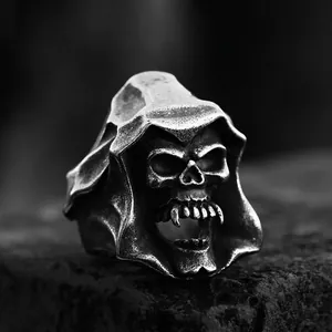 Vintage Gothic Grim Reaper Skull Stainless Steel Ring For Men Retro Punk Hip Hop Biker Rock Party Finger Jewelry Gift