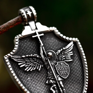 Vintage stainless steel Archangel St. Michael shield pendant with Quis Ut Deus engraving