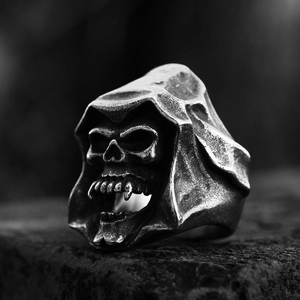 Vintage punk skull ring with hooded reaper design in oxidized stainless steel