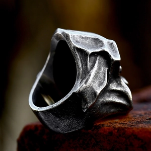 Vintage punk gothic reaper skull ring in distressed stainless steel with rock texture