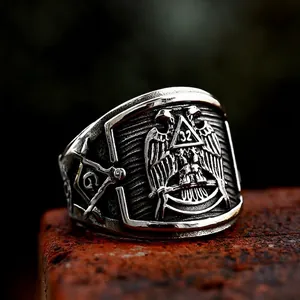 Men's Vintage Stainless Steel Freemasonry Ring Scottish Rite 32nd Degree Double Eagle Signet Ring Retro Masonic Jewelry