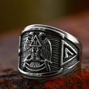 Vintage stainless steel Freemason double eagle ring with embossed number 32 symbol