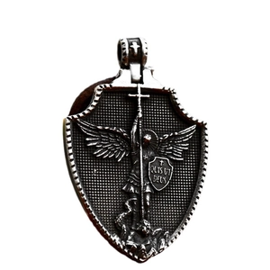 Vintage stainless steel Archangel Michael shield pendant with Quis Ut Deus engraving