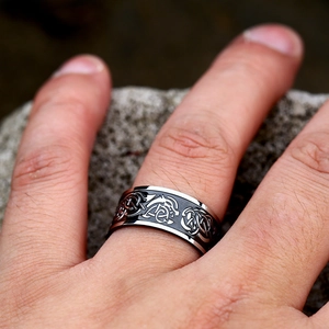 Vintage stainless steel ring for men featuring black Celtic knot and dragon pattern