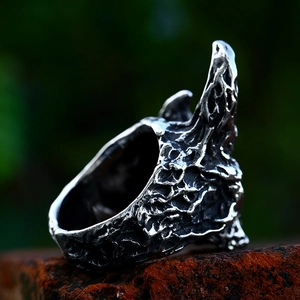 Retro punk gothic sheep horn skull ring in distressed stainless steel with lava texture